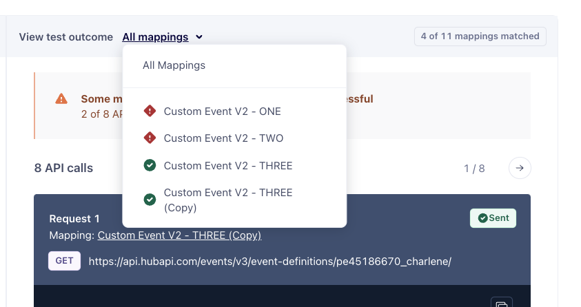 Screenshot of the Event Tester filter with dropdown of different mappings